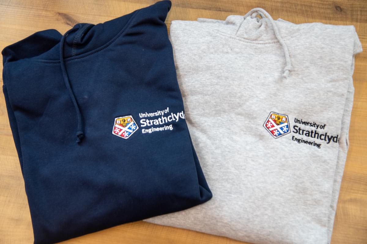 Embroidered University of Strathclyde hoodies in navy and grey