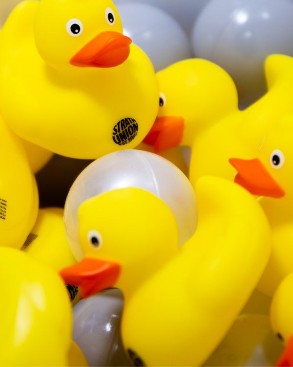 Rubber ducks with Union logo mixed with prizes.