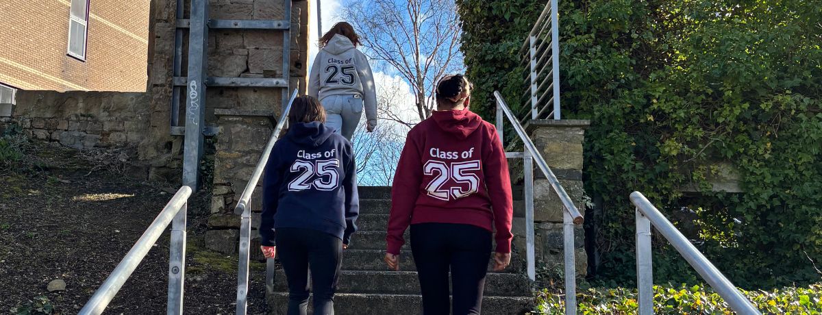 Students wearing merchandise walking up steps