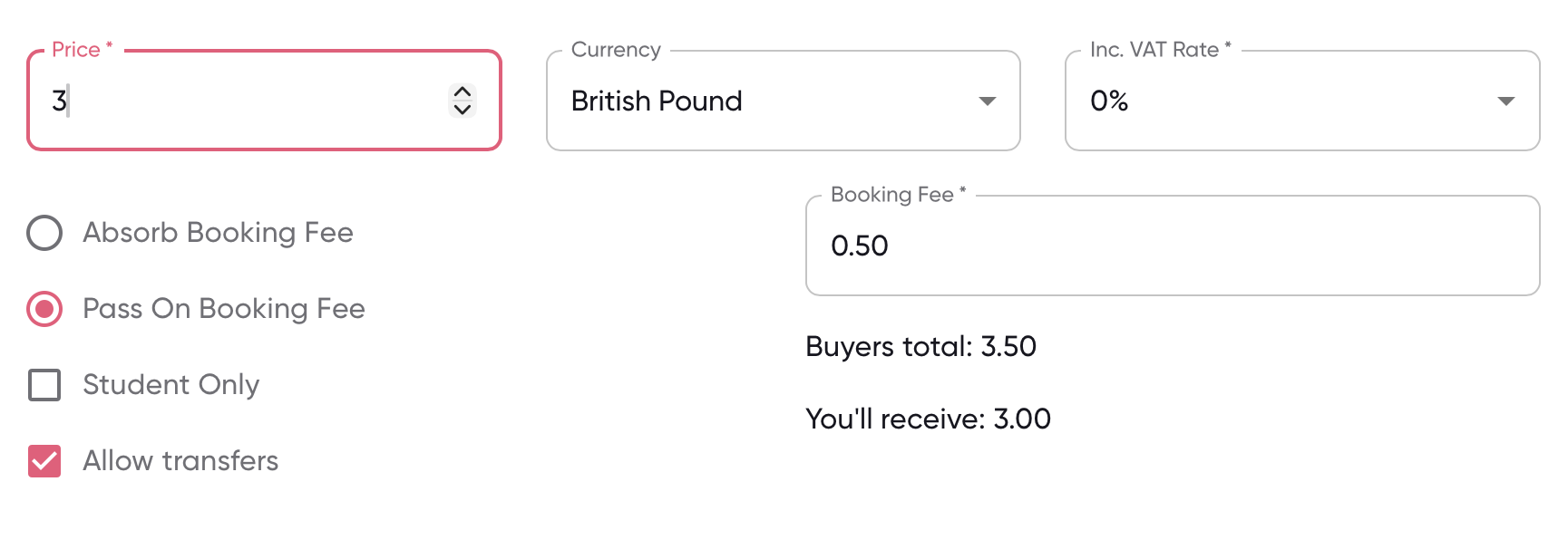 Screenshot of £3 example with 50p fee