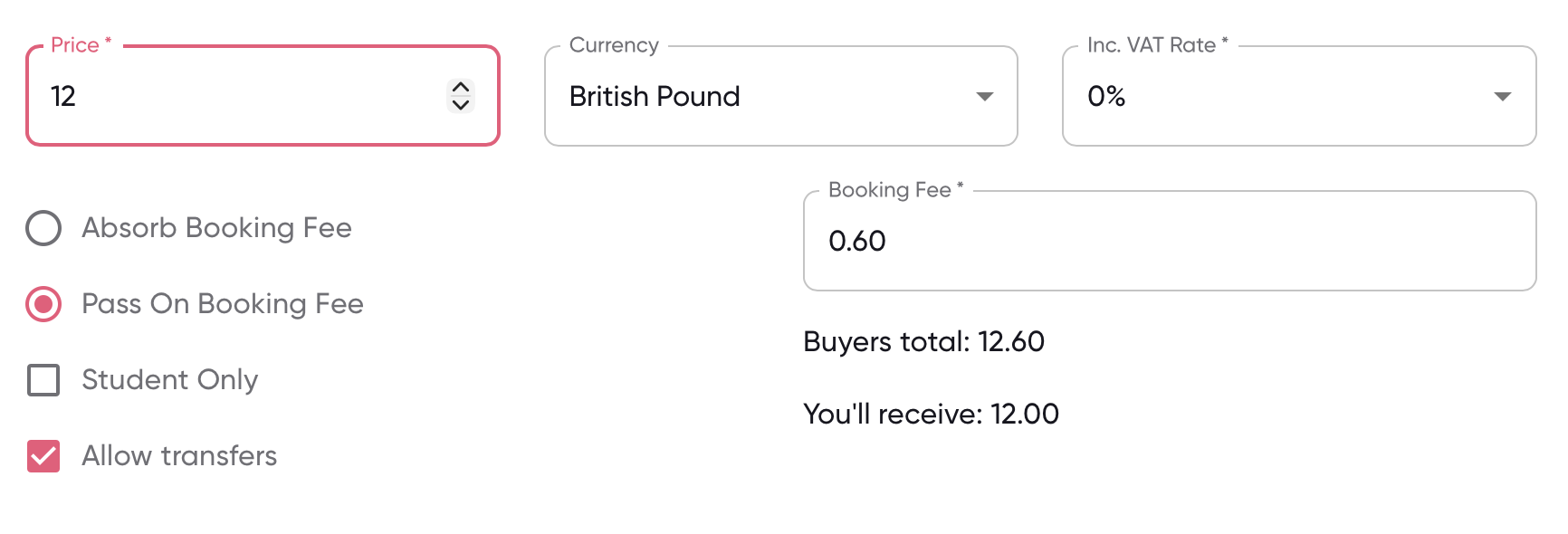Screenshot of £12 example with 60p fee