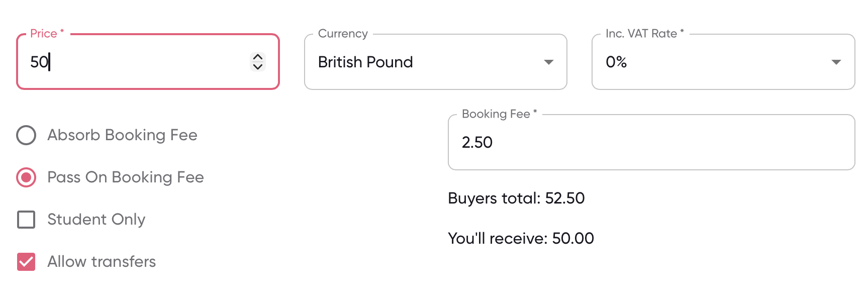 Screenshot of £50 example with £2.50 fee