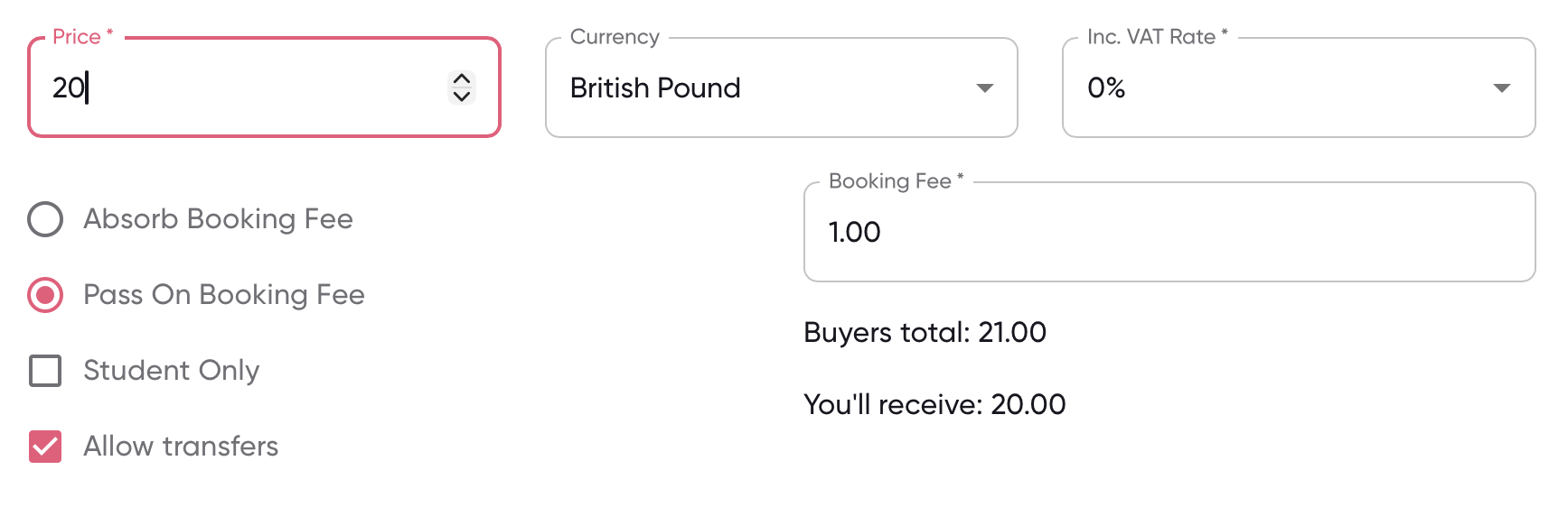 Screenshot of £20 example with £1 fee