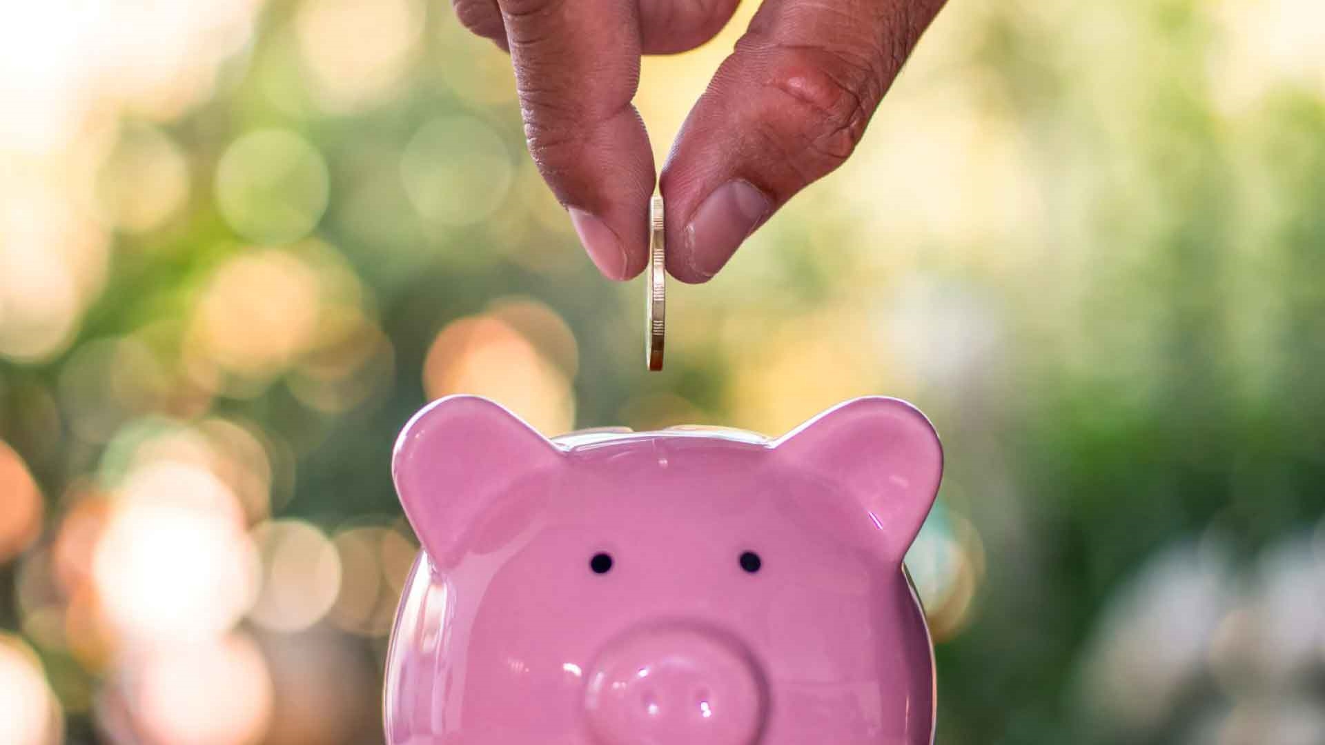 Hand placing coin into piggy bank