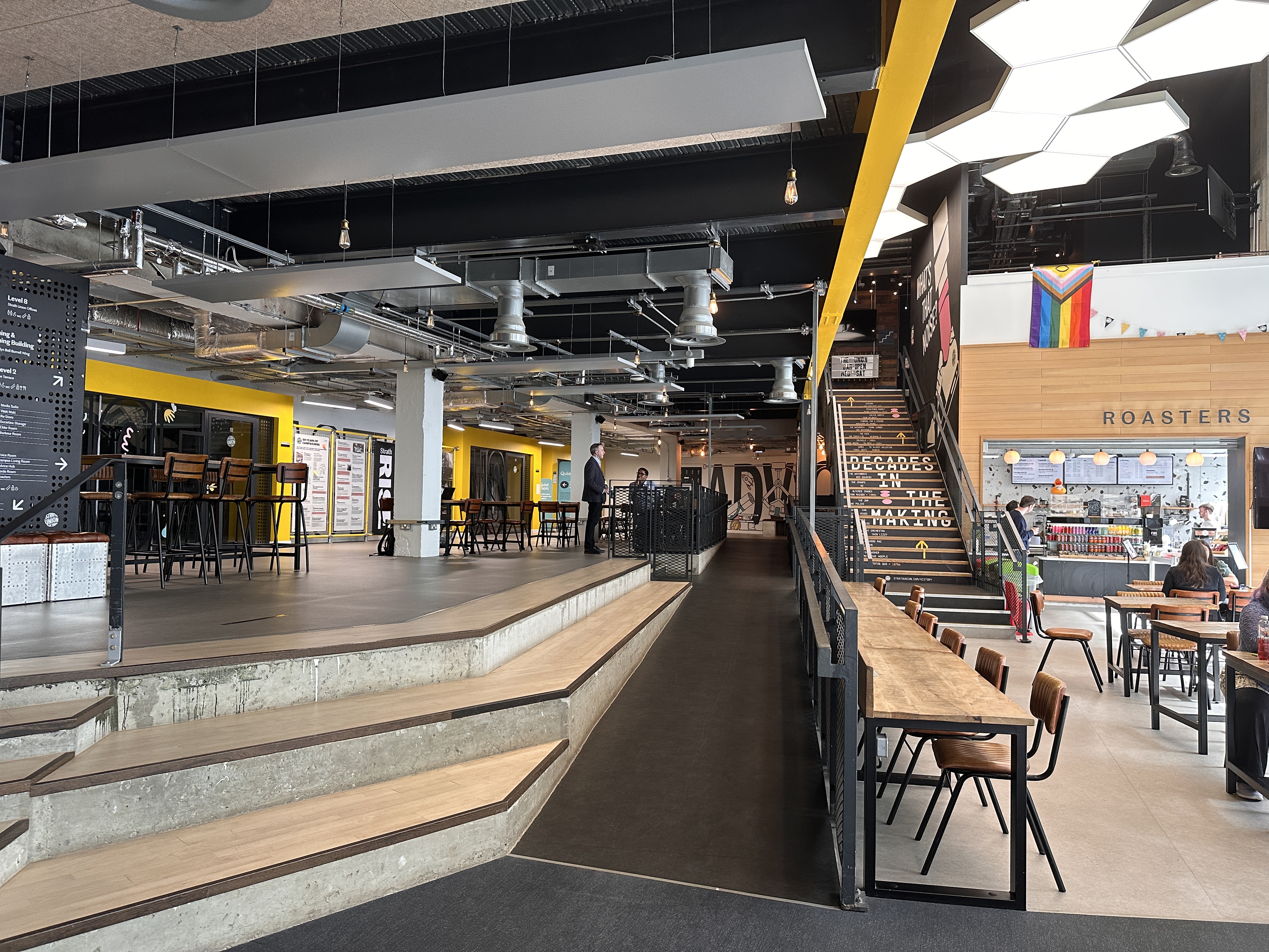 Wide shot close to the start of the ramp and Roasters seating area.