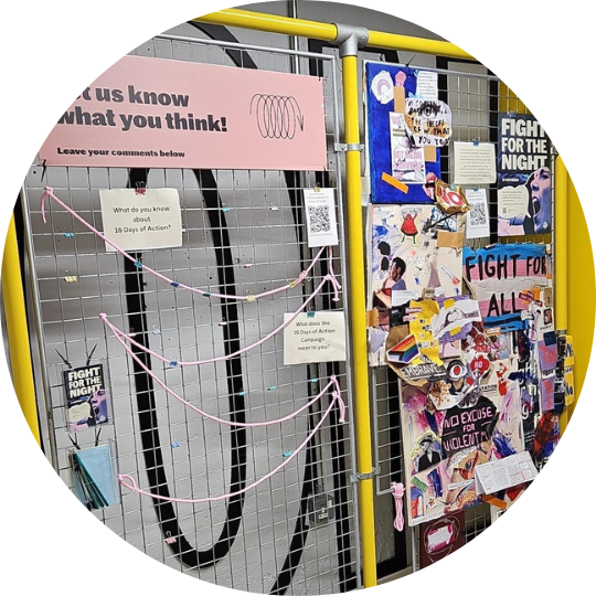 Action wall displaying 2024 artwork and questions for students to answer