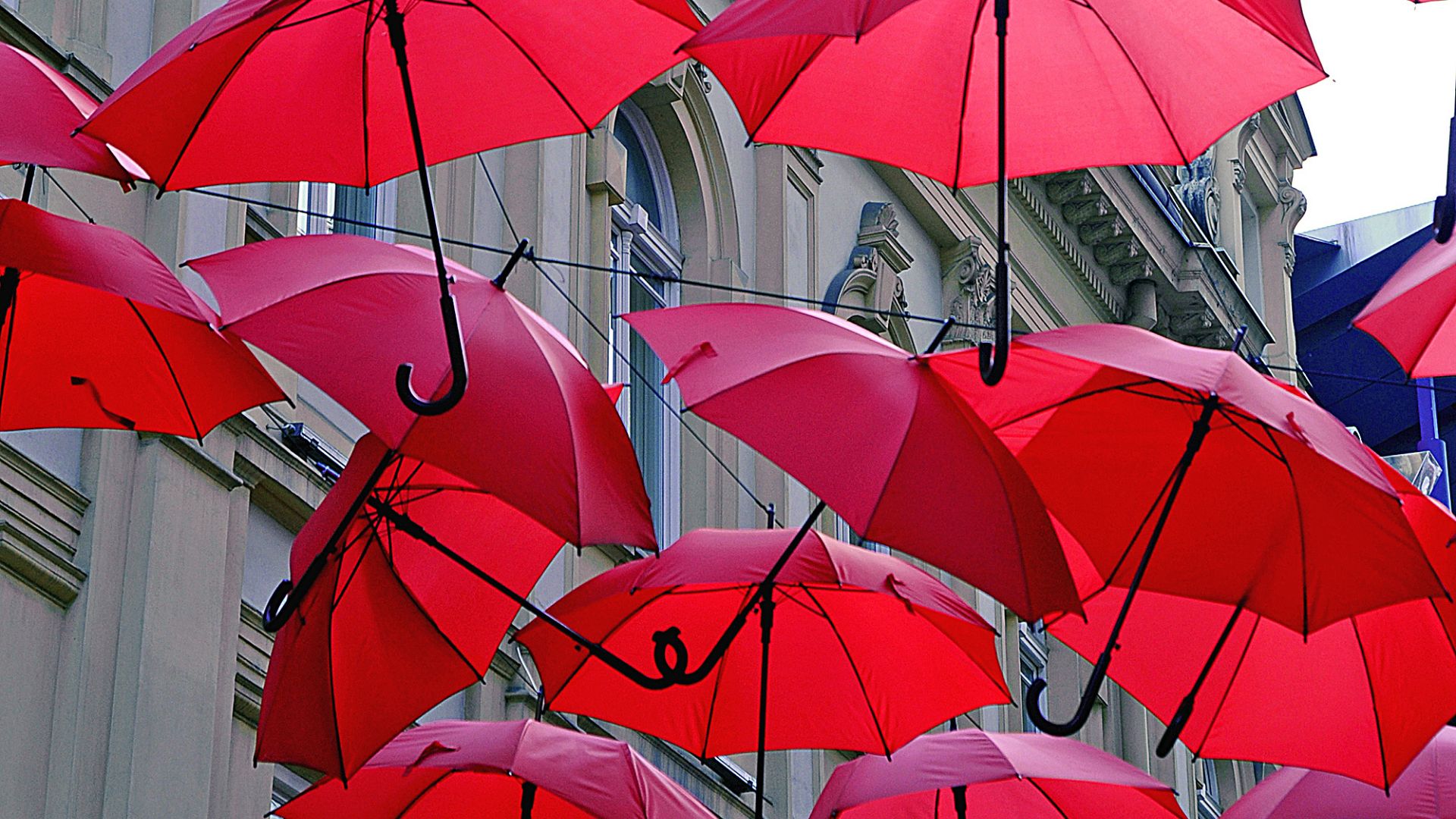 Series of open red umbrellas in the sky.