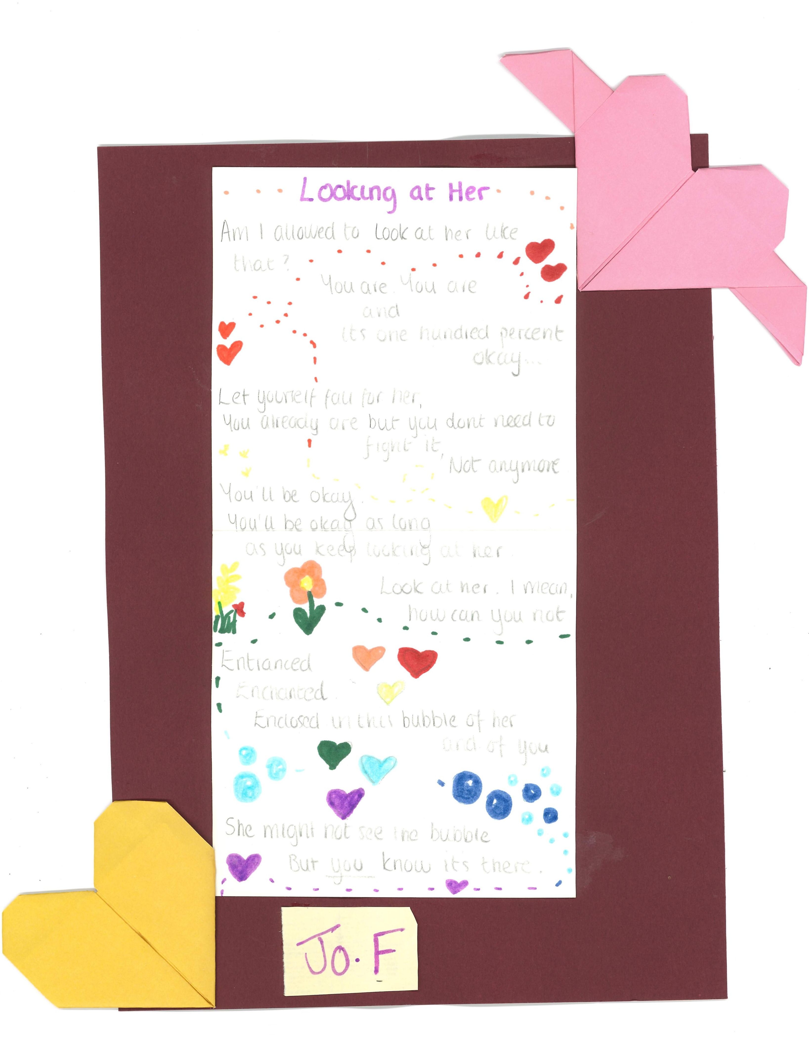 Looking at Her poem on burgundy card with pink and yellow origami heart.